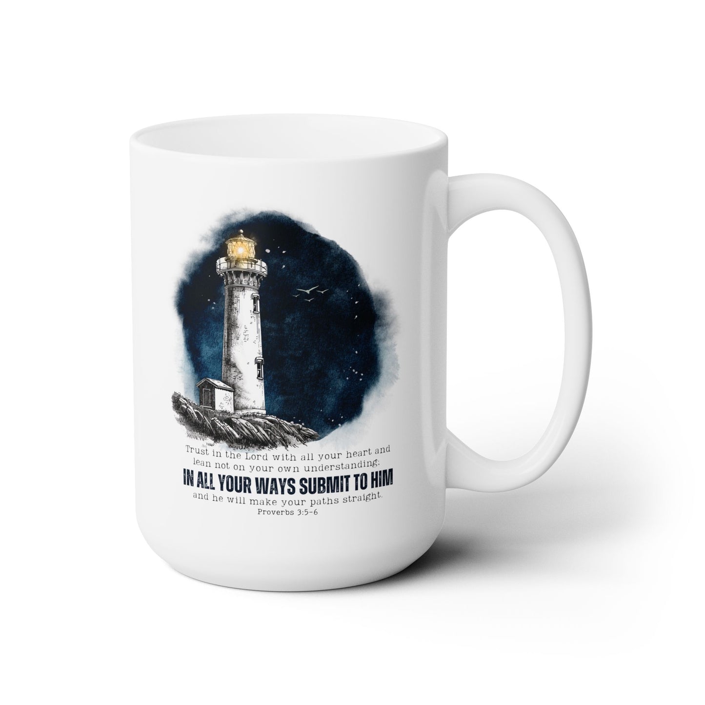 Proverbs 3:5-6 coffe mug, Lighthouse mug, Bible verse mug, inspirational Christian Faith mug, religious gift, sea lovers, boat captain gift.