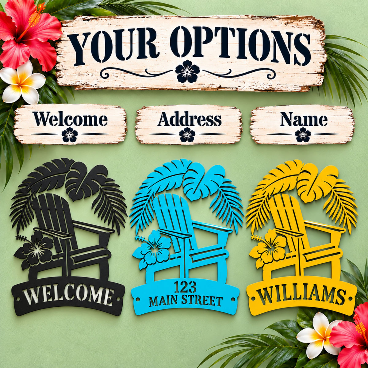 Tropical Metal Welcome Sign, Personalized Address Sign, Family Name Sign, Adirondack Chair Decor, Beach House Porch Sign, Garden Wall Decor