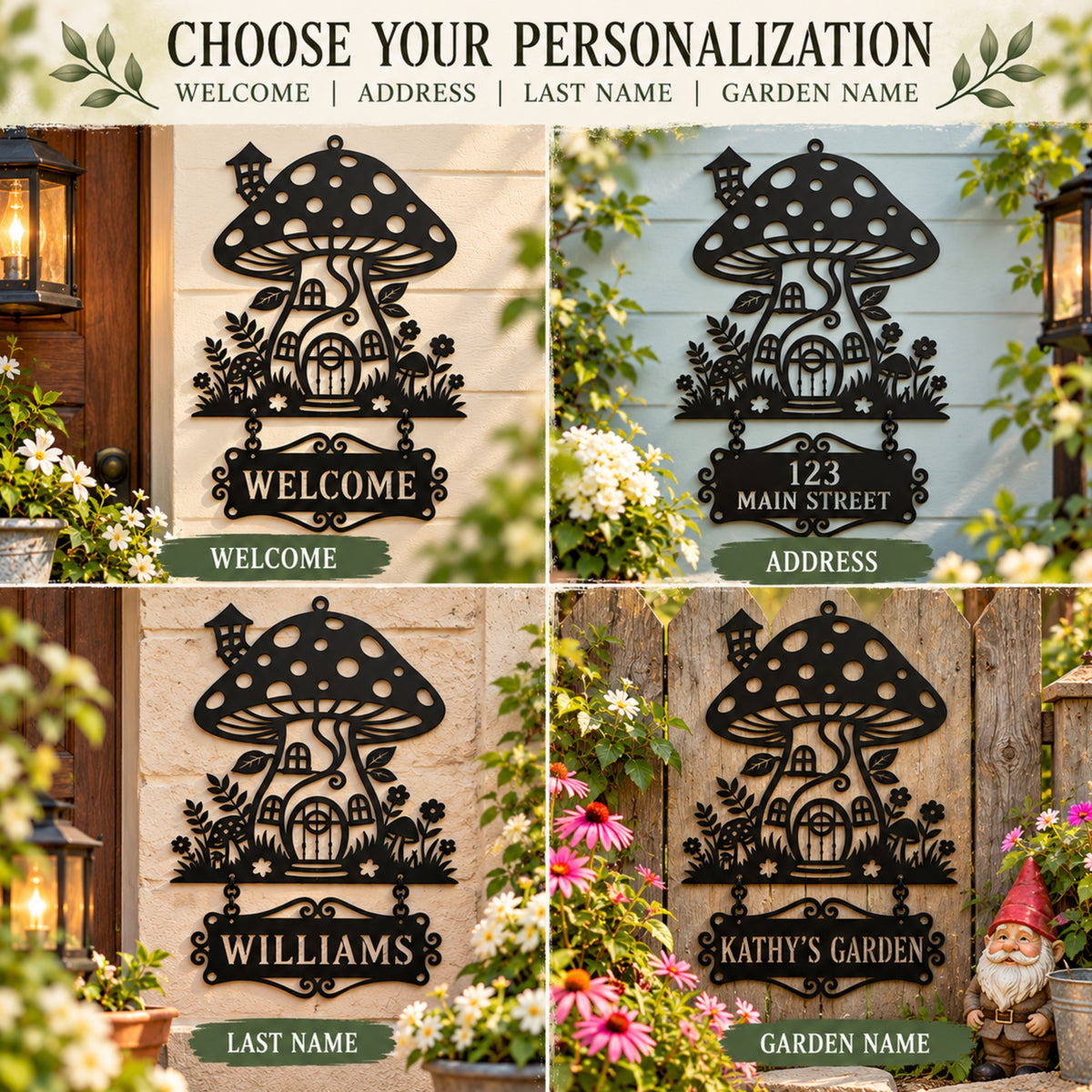 Mushroom House Metal Sign, Personalized Garden Sign, Fairy Garden Decor, Mushroom Welcome Sign, Custom Address Sign, Whimsical Garden Gift.