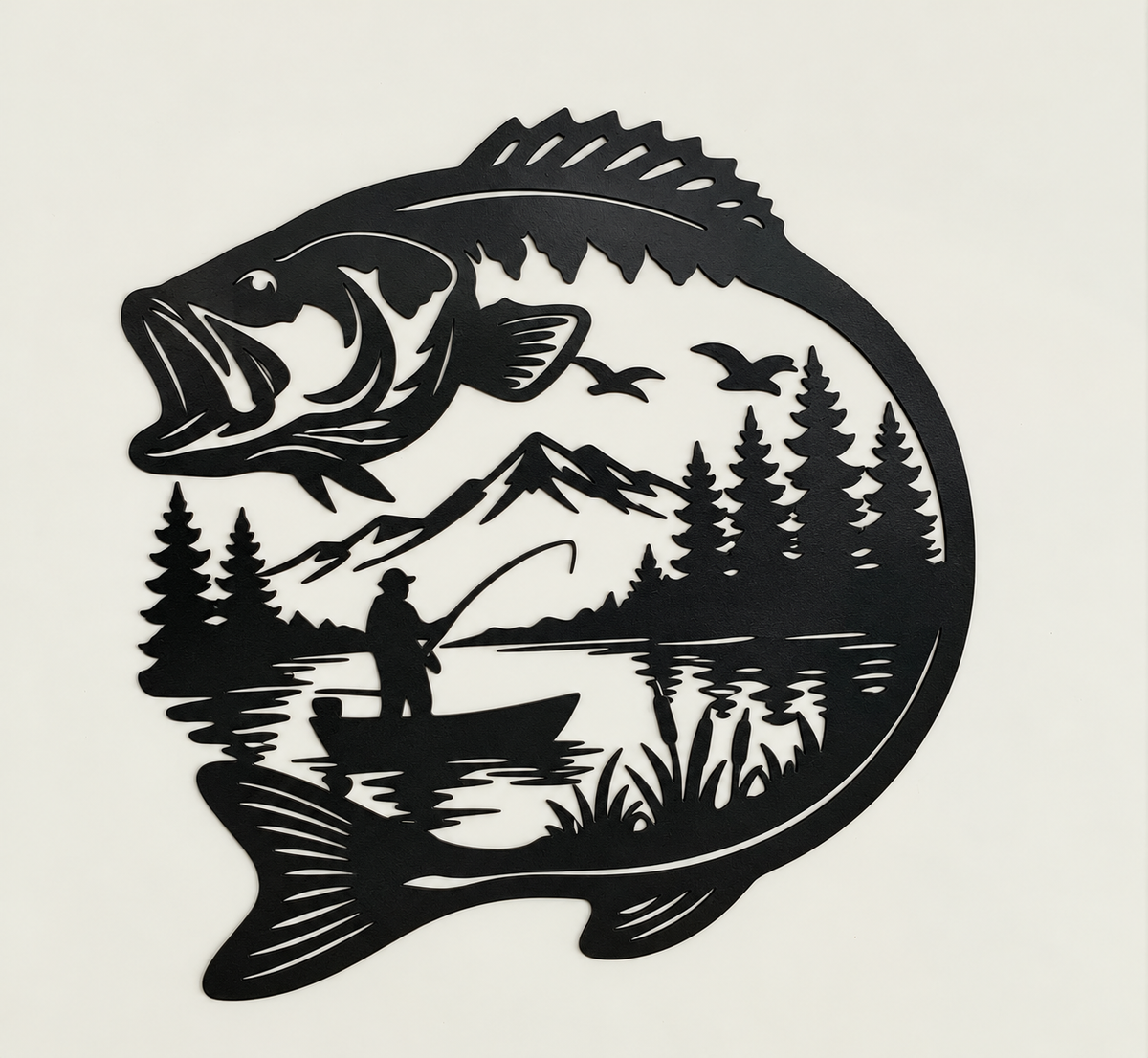 Bass Fishing Metal Wall Art, Fisherman in Boat Sign, Rustic Lake House Decor, Fishing Cabin Wall Hanging, Gift for Dad