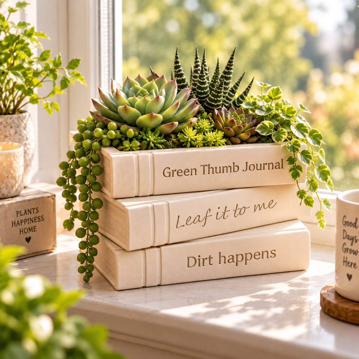3D Printed Book Planter – Stack of Books Succulent Pot | Funny Garden Planter | Book Lover Gift | Unique Plant Decor