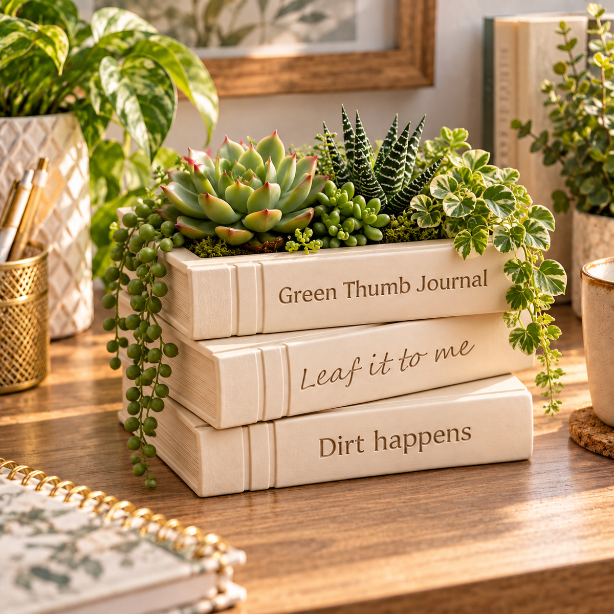 3D Printed Book Planter – Stack of Books Succulent Pot | Funny Garden Planter | Book Lover Gift | Unique Plant Decor