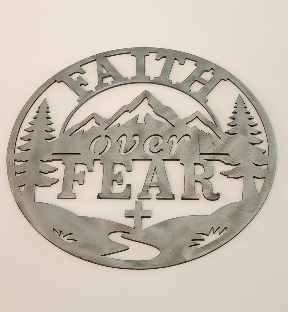 Faith Over Fear Metal Wall Art, Christian Wall Decor, Rustic Mountain Sign, Inspirational Gift, Religious Decor