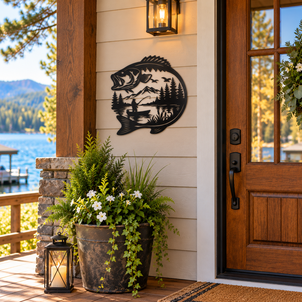 Bass Fishing Metal Wall Art, Fisherman in Boat Sign, Rustic Lake House Decor, Fishing Cabin Wall Hanging, Gift for Dad