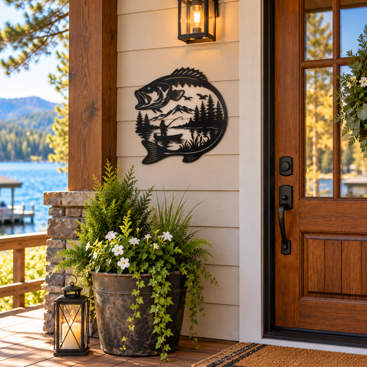 Bass Fishing Metal Wall Art, Fisherman in Boat Sign, Rustic Lake House Decor, Fishing Cabin Wall Hanging, Gift for Dad