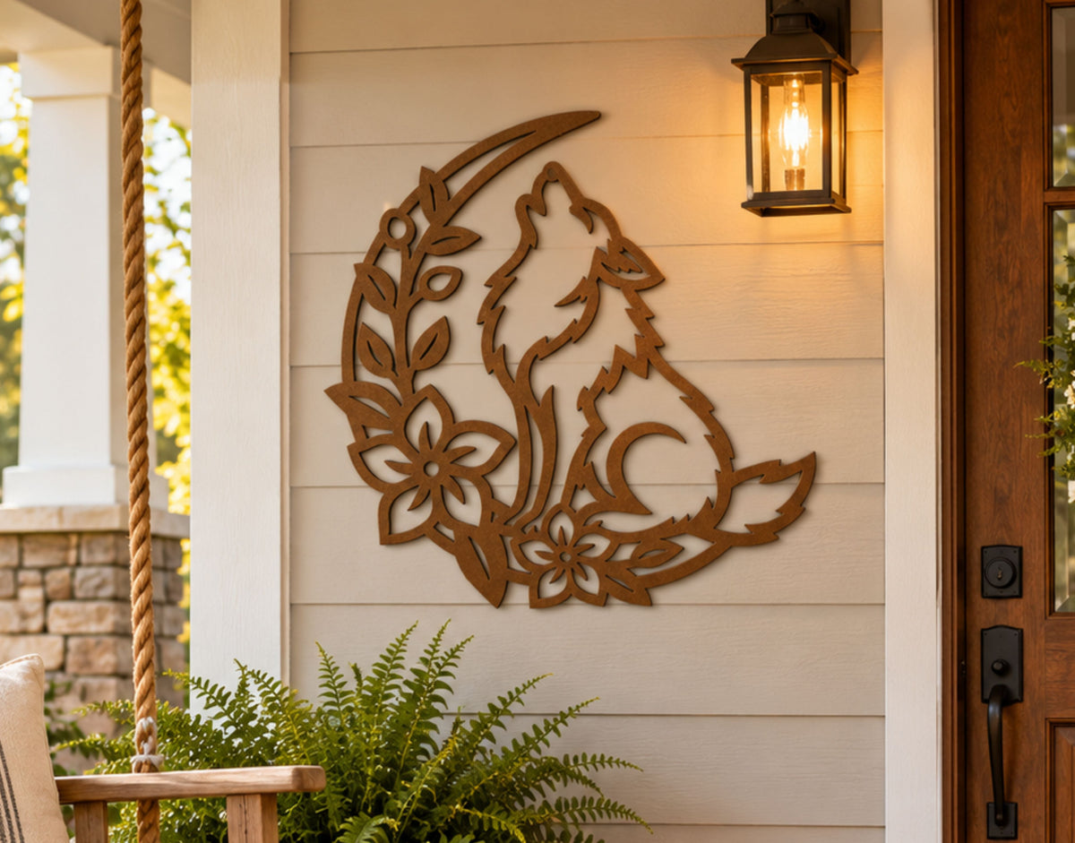 Wolf Metal Wall Art, Howling Wolf Sign, Woodland Floral Decor, Wolf Lover Gift, Boho Wall Art, Nursery Art, Metal Wall Decor.