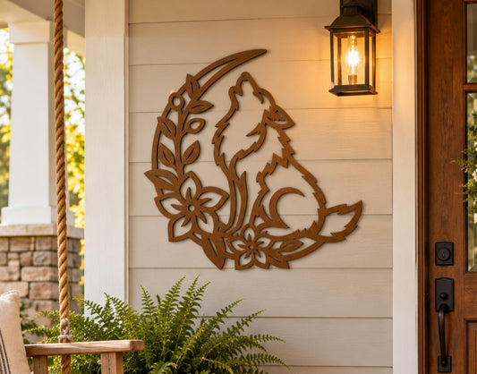 Wolf Metal Wall Art, Howling Wolf Sign, Woodland Floral Decor, Wolf Lover Gift, Boho Wall Art, Nursery Art, Metal Wall Decor.