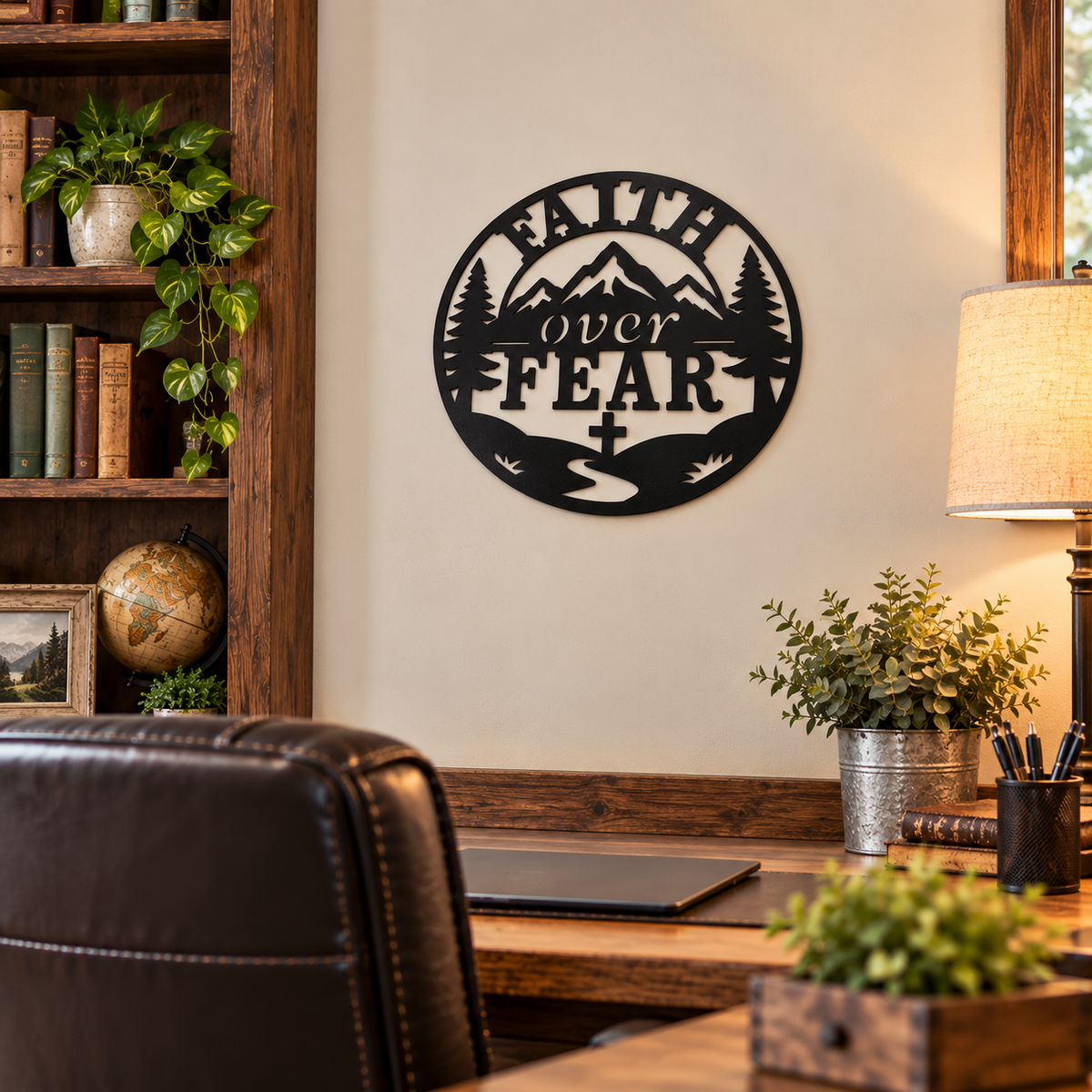Faith Over Fear Metal Wall Art, Christian Wall Decor, Rustic Mountain Sign, Inspirational Gift, Religious Decor