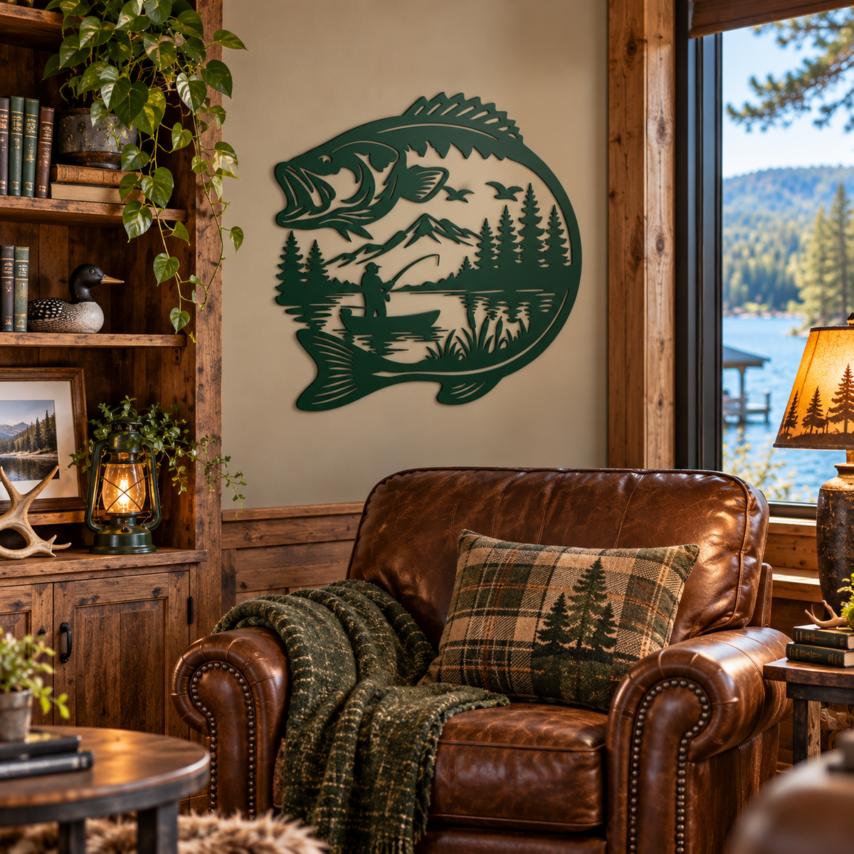 Bass Fishing Metal Wall Art, Fisherman in Boat Sign, Rustic Lake House Decor, Fishing Cabin Wall Hanging, Gift for Dad