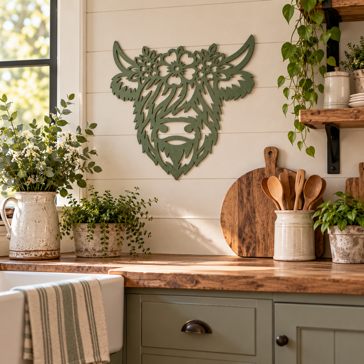 Highland Cow Metal Wall Art, Floral Cow Sign, Rustic Farmhouse Decor, Country Home Decoration, Cow Lover Gift