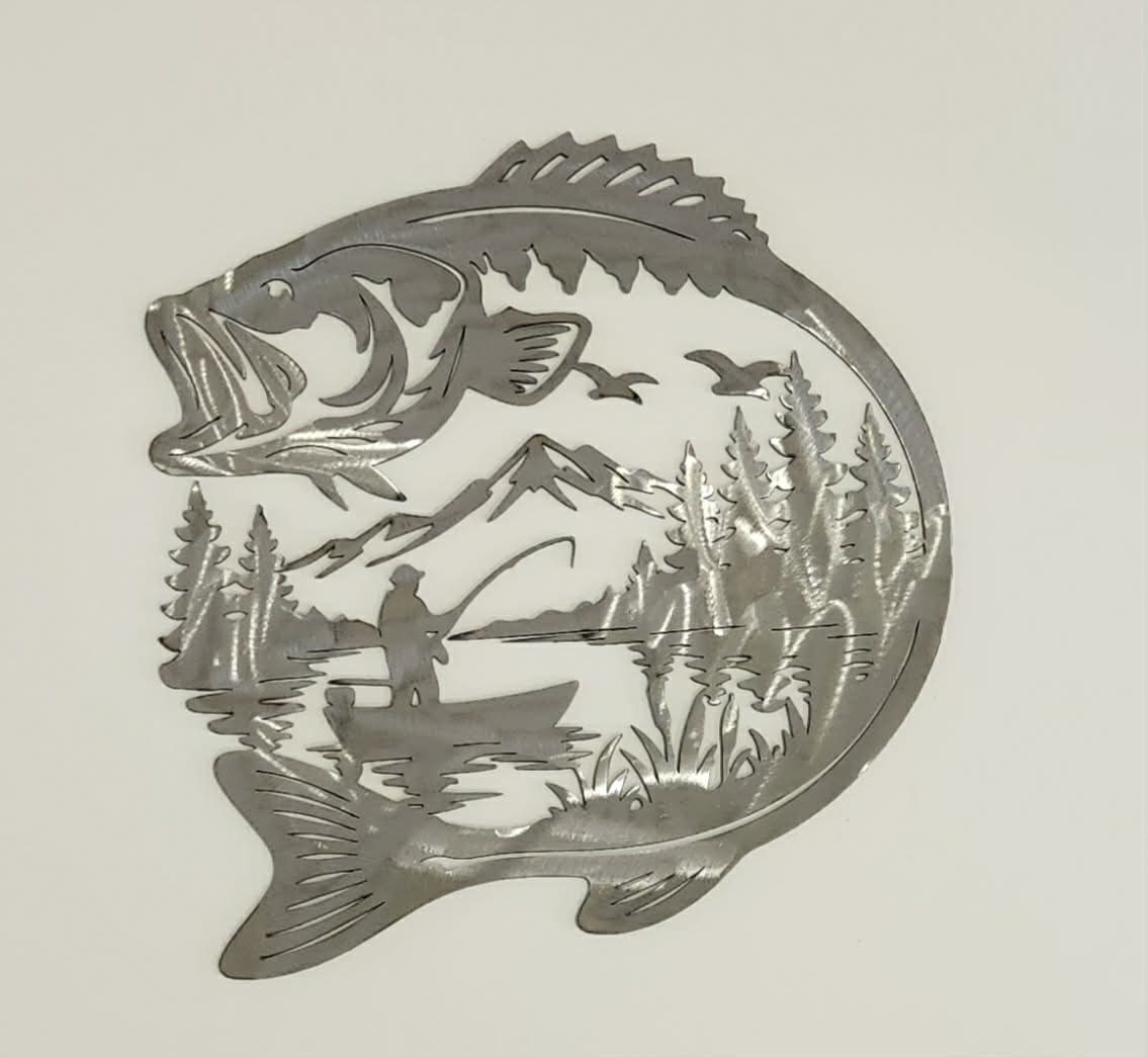 Bass Fishing Metal Wall Art, Fisherman in Boat Sign, Rustic Lake House Decor, Fishing Cabin Wall Hanging, Gift for Dad